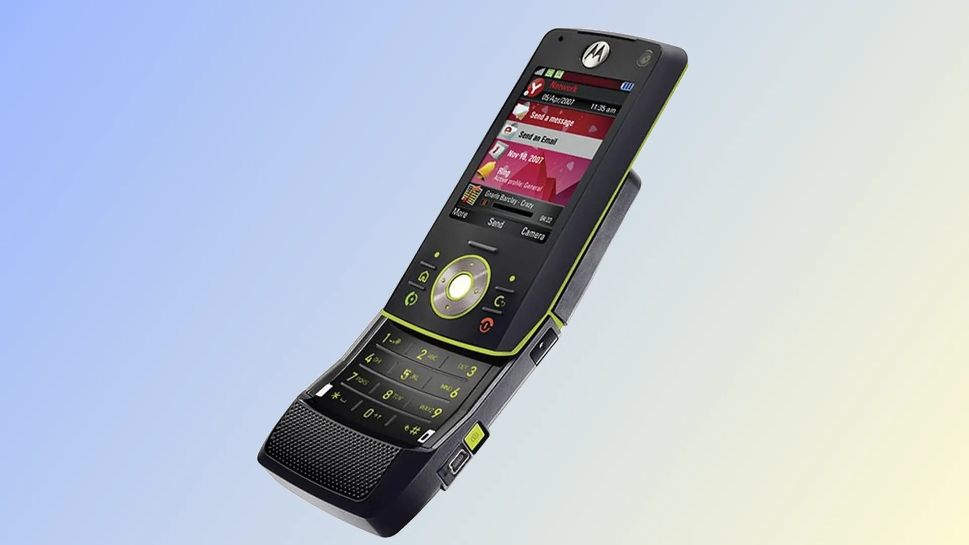 Điện thoại Motorola Rizr Z8 với thiết kế trượt cong độc đáo trên nền xanh