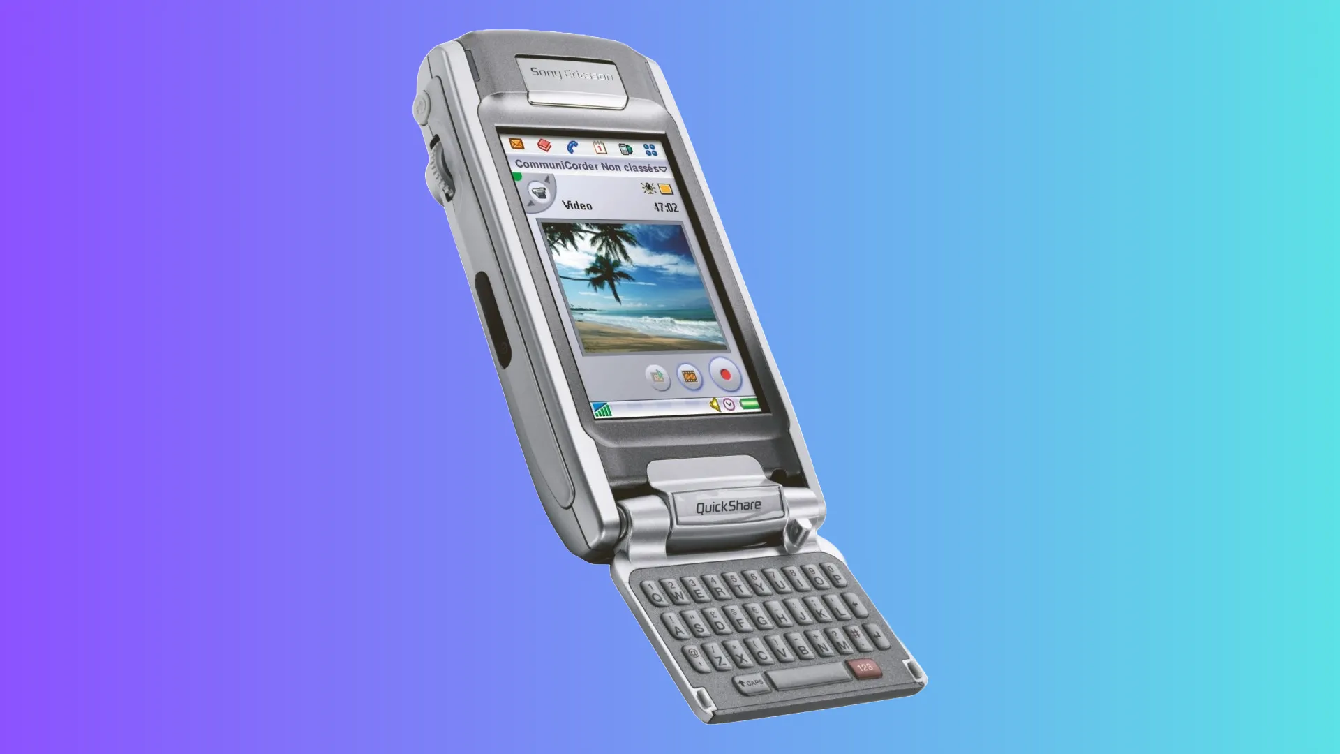 Điện thoại Sony Ericsson P910 với bàn phím QWERTY lật, hiển thị trên nền tím và xanh dương