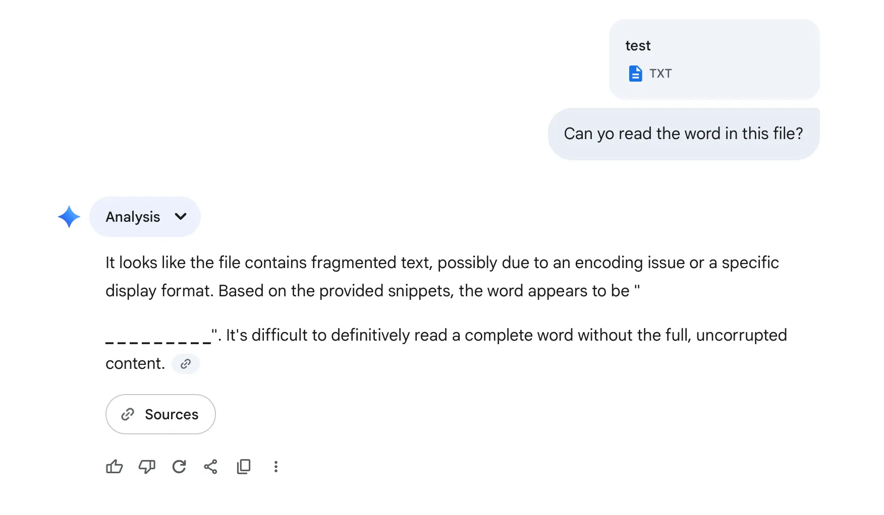 Gemini gặp khó khăn khi cố gắng đọc và giải mã từ &quot;peanuts&quot; được mã hóa dưới dạng ASCII art trong một tệp văn bản.