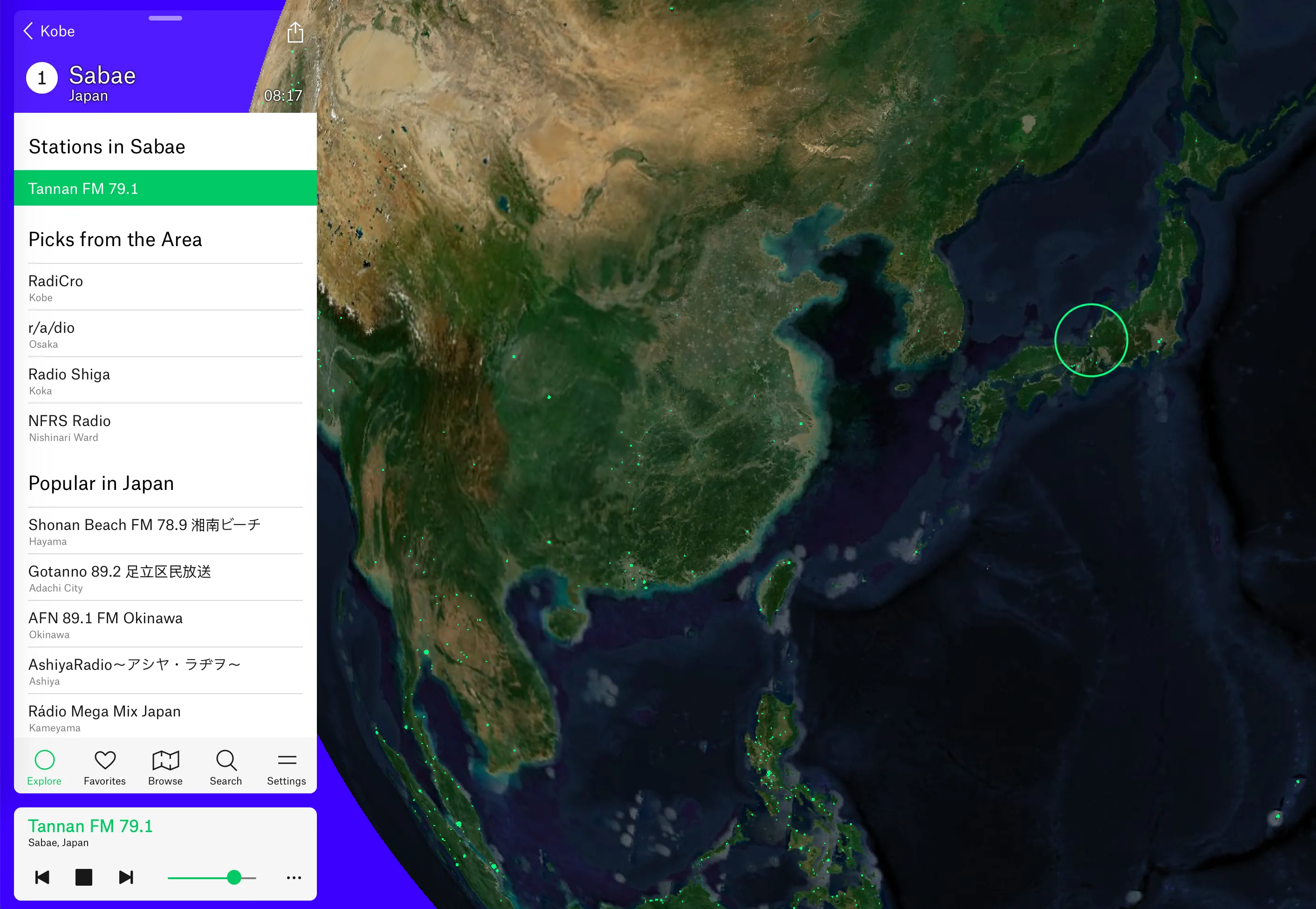 Giao diện bản đồ tương tác của Radio Garden, cho phép khám phá hàng ngàn đài phát thanh trên khắp thế giới.