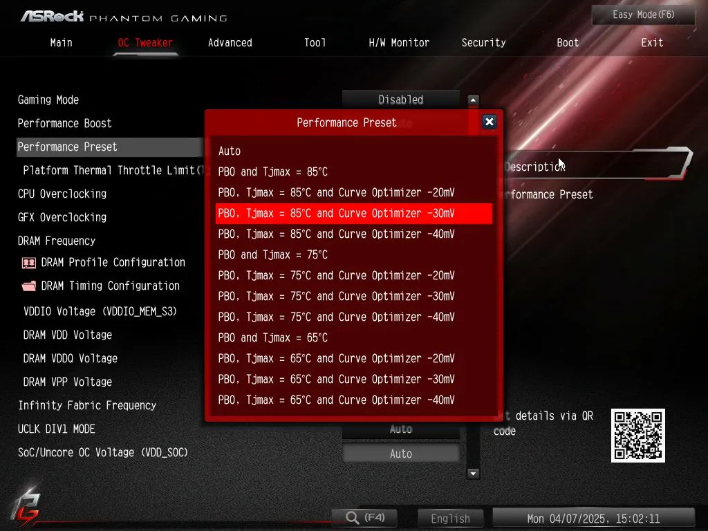Giao diện BIOS của bo mạch chủ ASRock B650M PG Riptide hiển thị các tùy chọn cài đặt hiệu năng PBO preset.