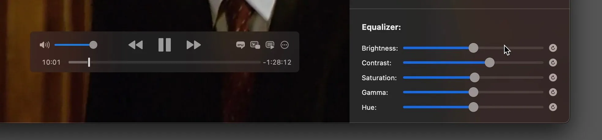 Giao diện cài đặt bộ cân bằng video (equalizer) trong IINA, cho phép tùy chỉnh chất lượng hình ảnh.