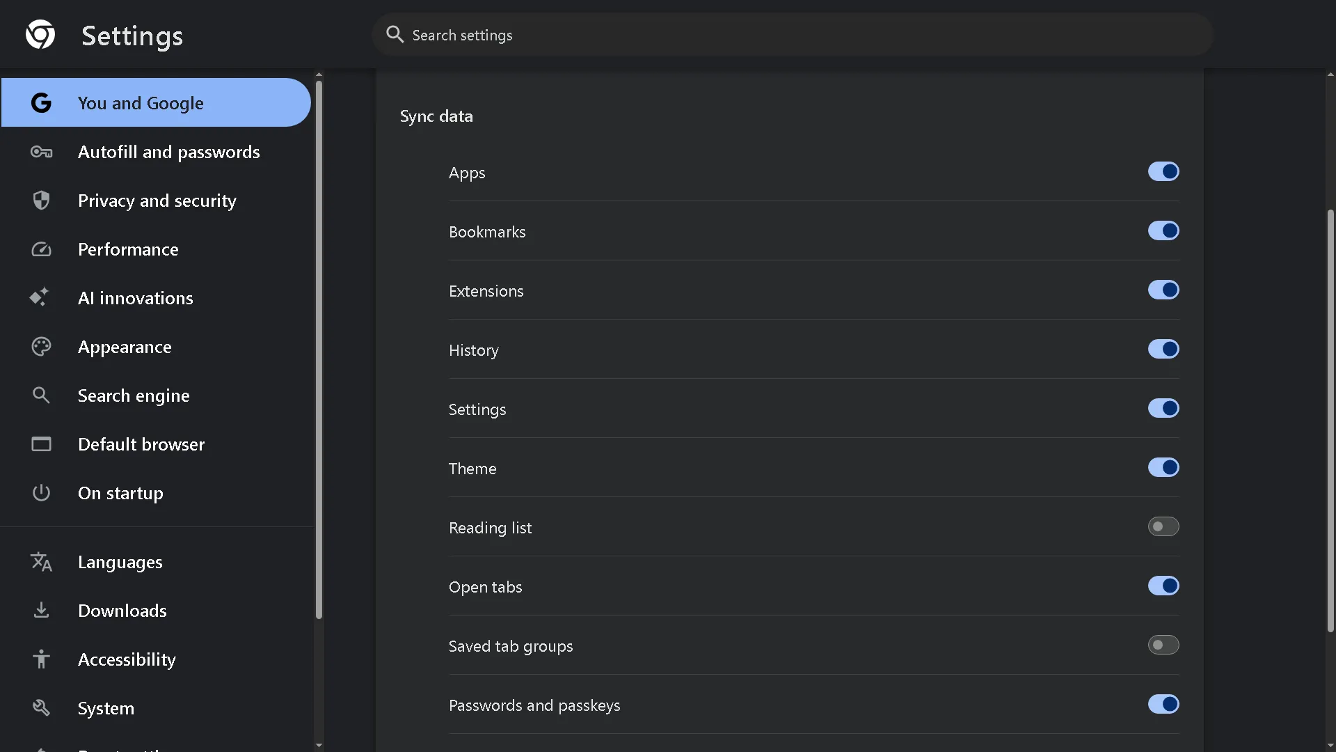 Giao diện cài đặt Google Chrome cho phép chọn thủ công các loại dữ liệu cần đồng bộ hóa.