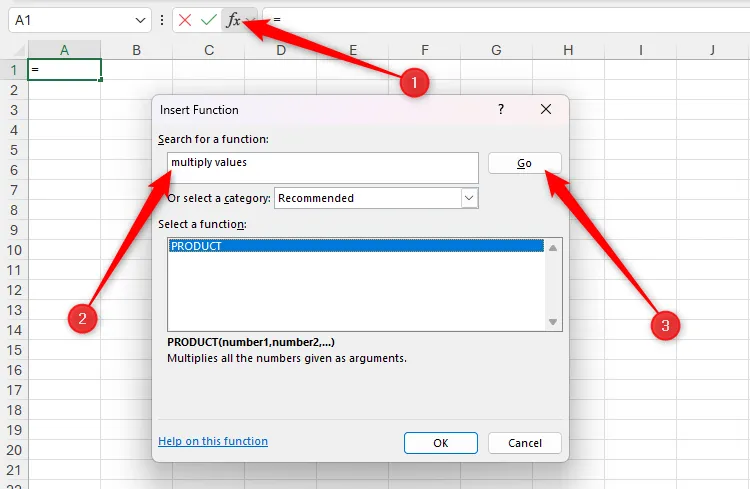 Giao diện chèn hàm trong Excel, với từ khóa 'nhân các giá trị' được nhập để tìm hàm PRODUCT, đơn giản hóa việc tạo công thức.
