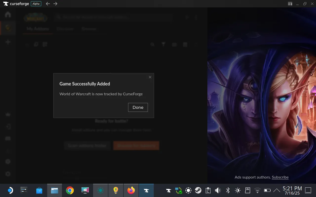 Giao diện CurseForge hiển thị World of Warcraft đã được theo dõi thành công