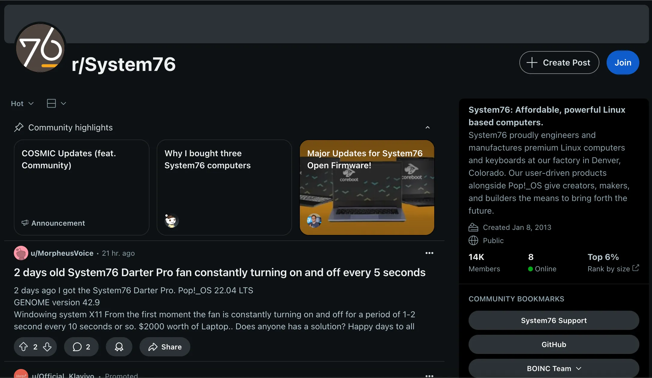 Giao diện diễn đàn Reddit của cộng đồng System76 với các bài đăng và bình luận