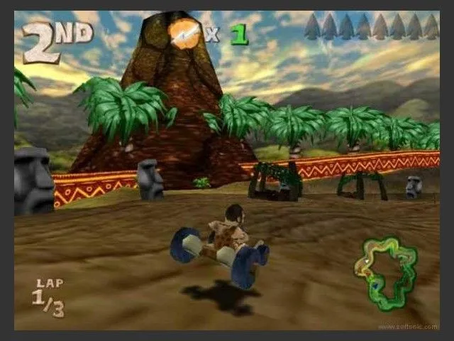 Giao diện đua xe trong game Cro-Mag Rally với chủ đề tiền sử và các vật phẩm tăng sức mạnh