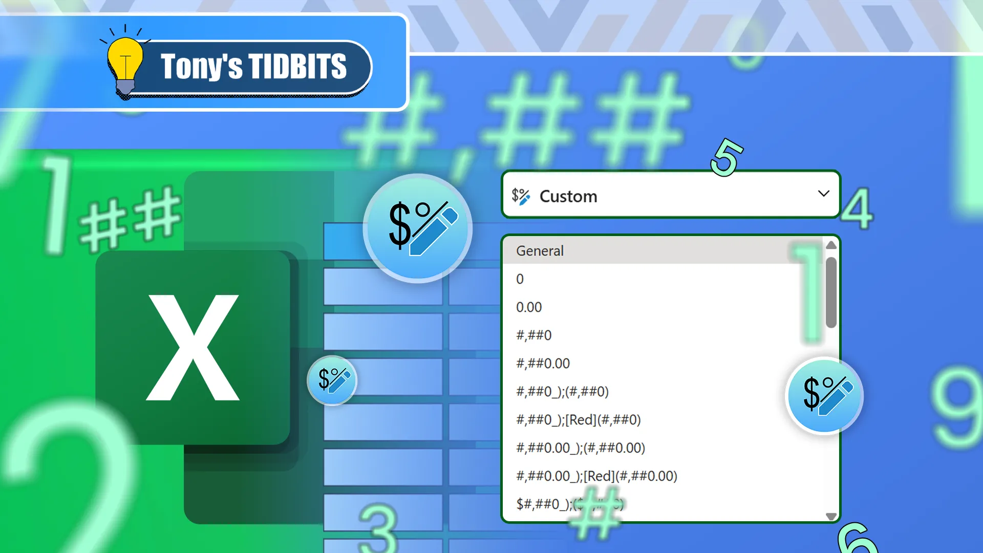 Giao diện Excel làm nổi bật định dạng tùy chỉnh, các số xung quanh màn hình và logo Excel ở bên trái.