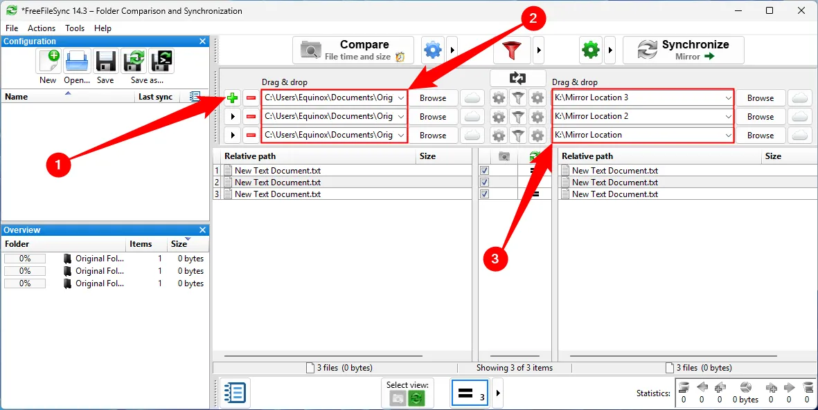 Giao diện FreeFileSync hiển thị quá trình sao chép một thư mục nguồn sang ba thư mục đích khác nhau để tạo nhiều bản sao lưu.