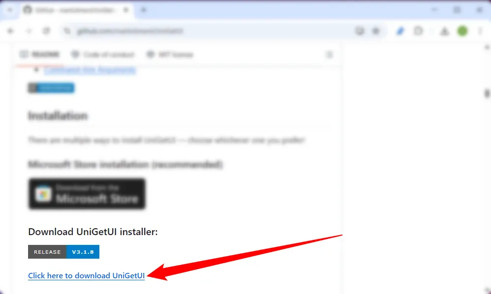 Giao diện GitHub đang hiển thị phần tải xuống UniGetUI installer, với nút "Click here to download UniGetUI" được đánh dấu
