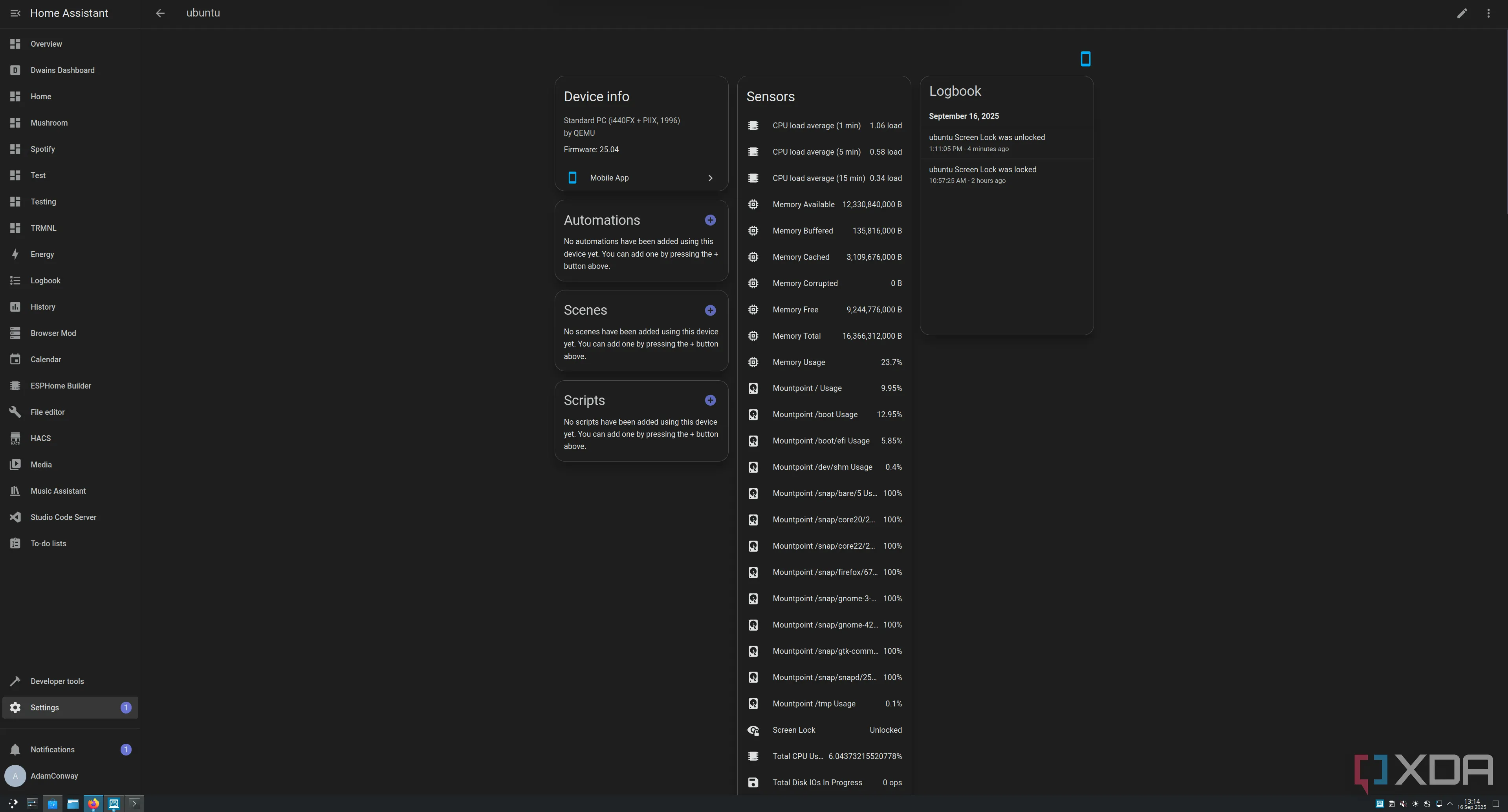 Giao diện Home Assistant trên nền tối hiển thị thông tin thiết bị, dữ liệu cảm biến và nhật ký.