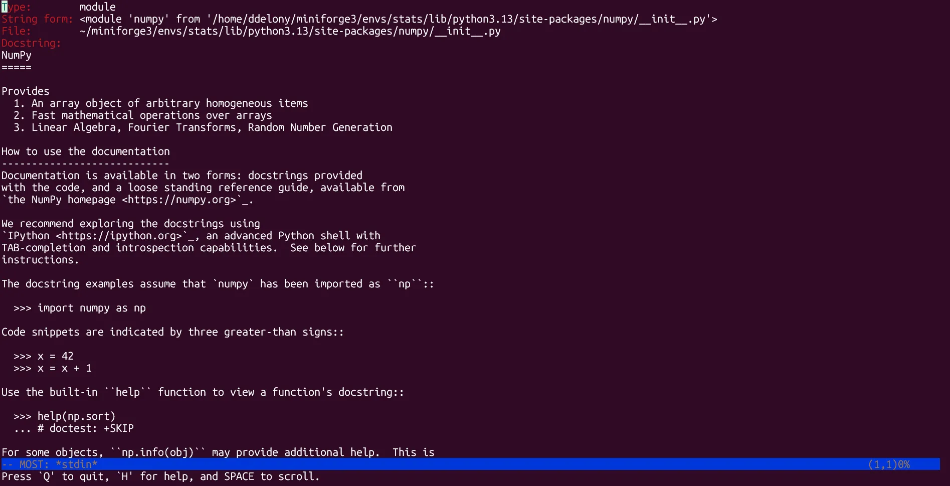 Giao diện IPython hiển thị thông tin trợ giúp chi tiết về thư viện NumPy sau khi gõ np?