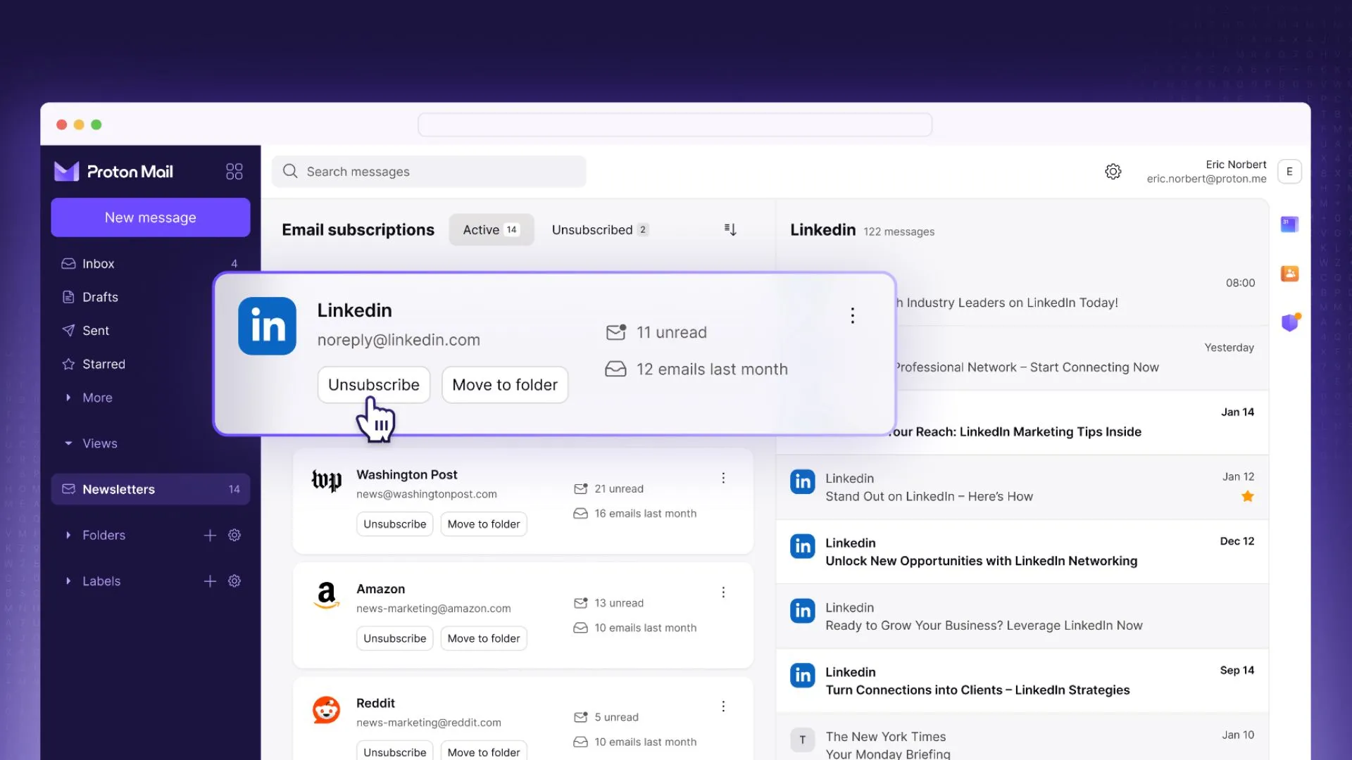 Giao diện mới của Proton Mail hiển thị tính năng Newsletter View, giúp người dùng dễ dàng quản lý các email đăng ký.