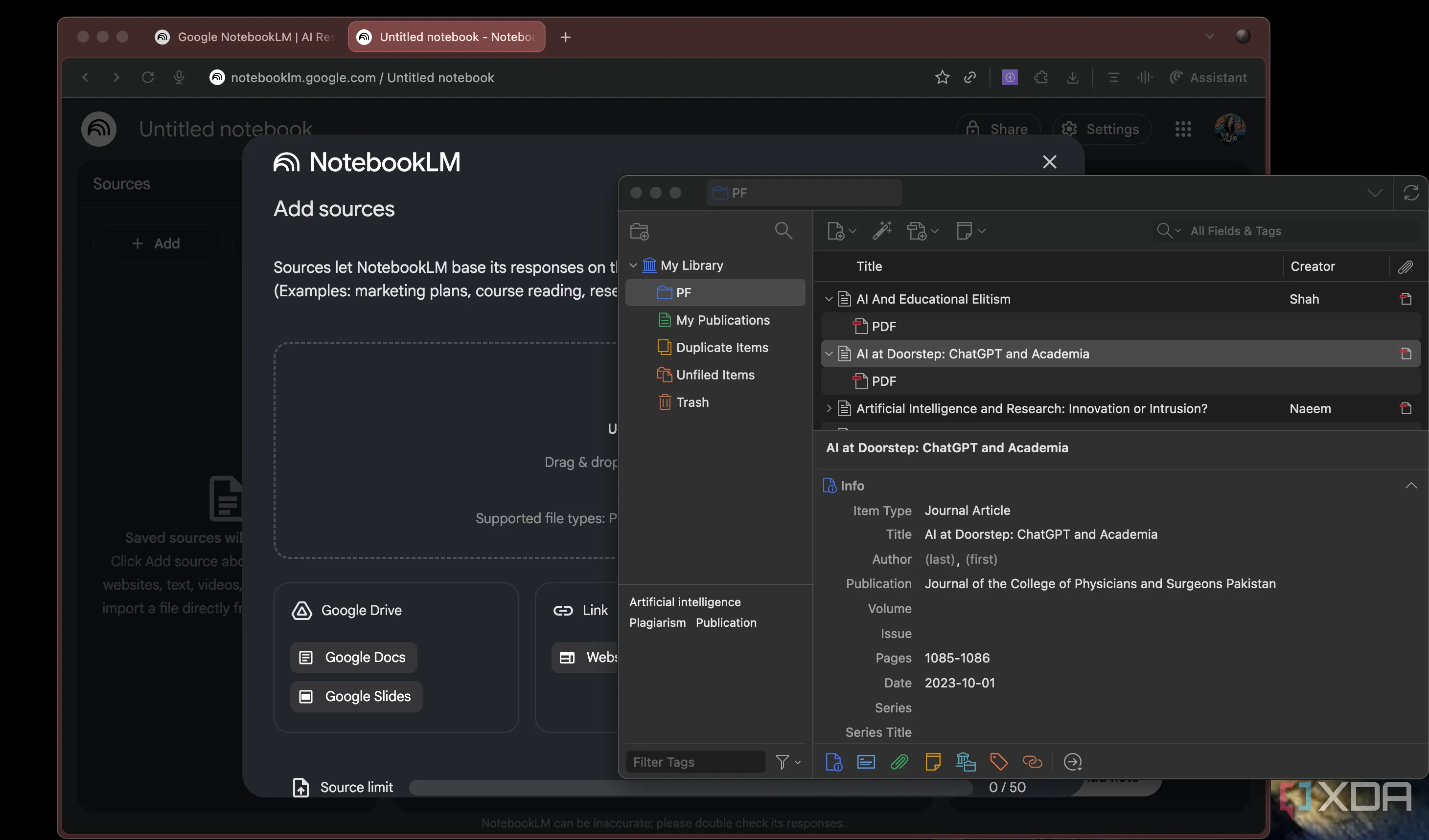 Giao diện NotebookLM và Zotero hiển thị song song trên màn hình, minh họa khả năng quản lý tài liệu nghiên cứu và trích xuất thông tin hiệu quả bằng AI.