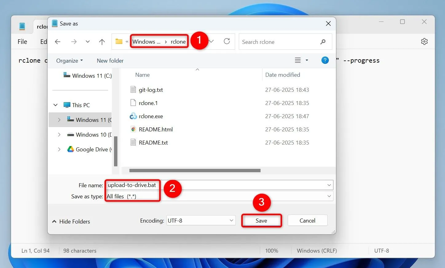 Giao diện Notepad hiển thị nội dung của một tệp batch Rclone và các tùy chọn lưu