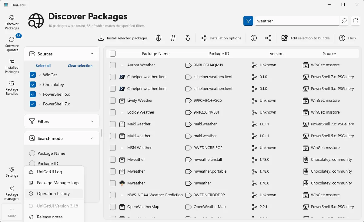 Giao diện tab "Discover Packages" của UniGetUI, hiển thị danh sách các ứng dụng có thể cài đặt và ô tìm kiếm