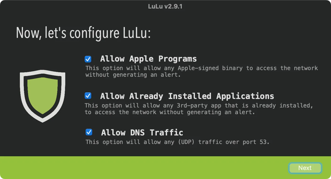 Giao diện thiết lập ban đầu của tường lửa LuLu, với các tùy chọn cấu hình đề xuất
