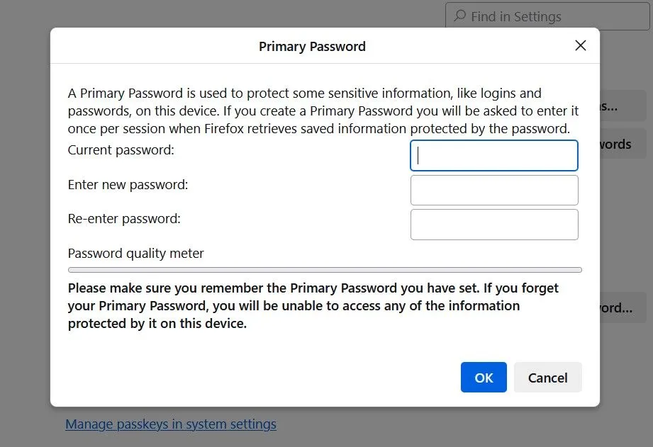 Giao diện thiết lập mật khẩu chính (Primary Password) trong Firefox
