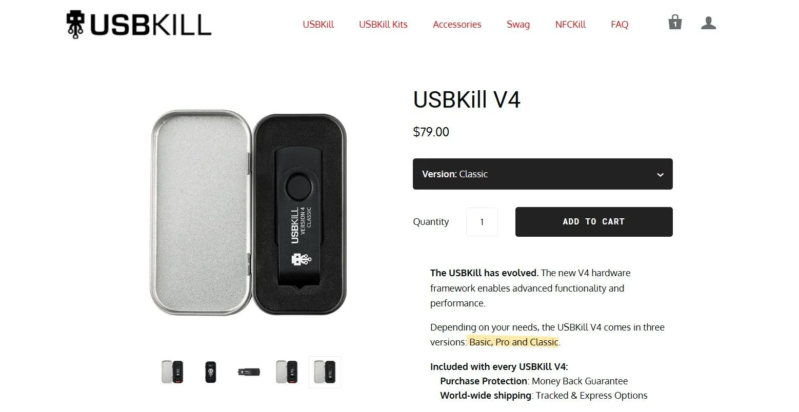 Giao diện trang thanh toán sản phẩm USB Kill V4 trên website chính thức