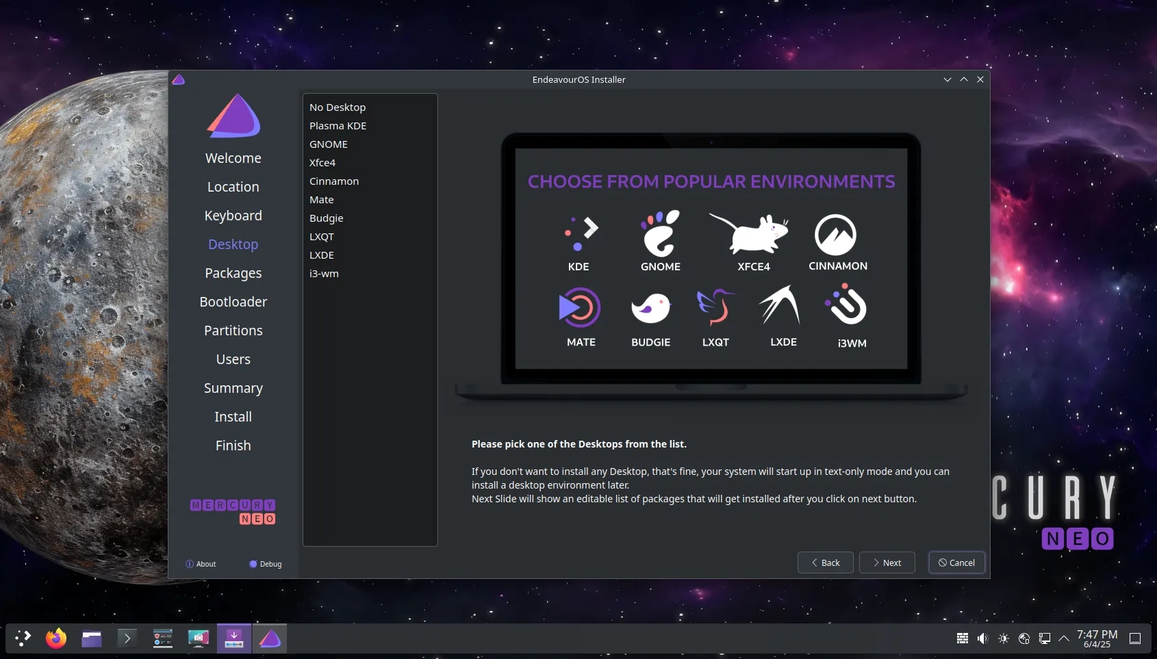 Giao diện trình cài đặt EndeavourOS cho phép lựa chọn môi trường Desktop