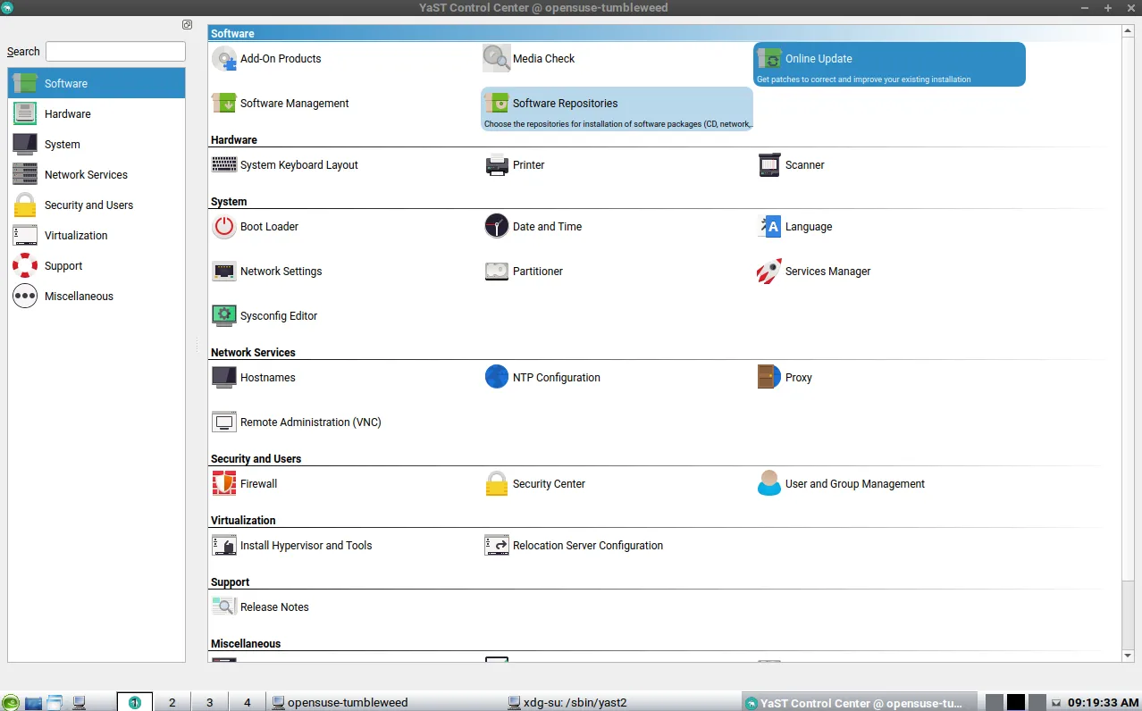 Giao diện trình quản lý cài đặt YaST của openSUSE với nhiều tùy chọn cấu hình