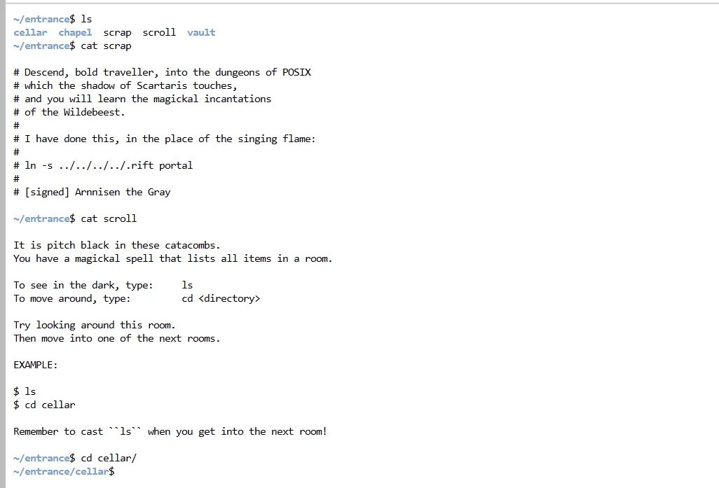 Giao diện trò chơi bashcrawl mô phỏng cuộc phiêu lưu trong hầm ngục, sử dụng lệnh Bash và terminal Linux để khám phá thế giới game.
