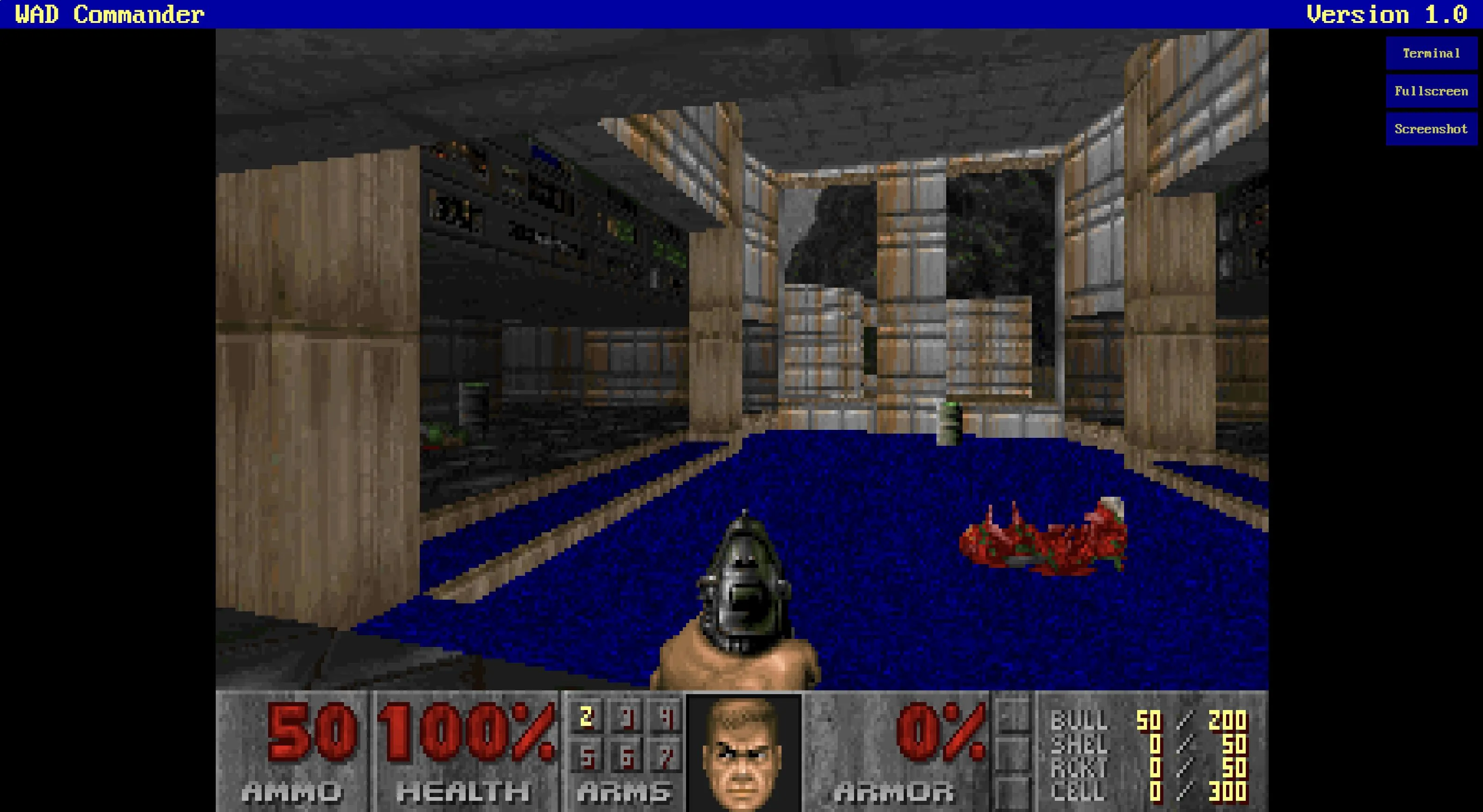 Giao diện trò chơi Doom với góc nhìn thứ nhất đang chạy trong công cụ WAD Commander trên trình duyệt web.