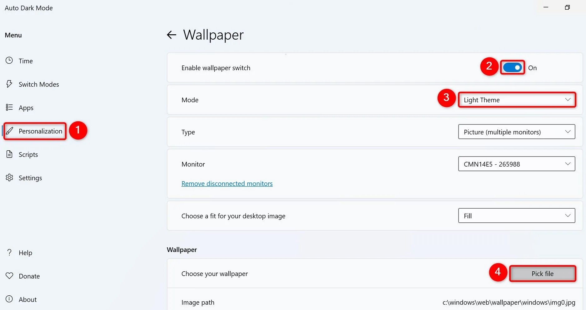 Giao diện tùy chỉnh hình nền trong ứng dụng Auto Dark Mode, cho phép bật tính năng chuyển đổi hình nền tự động.