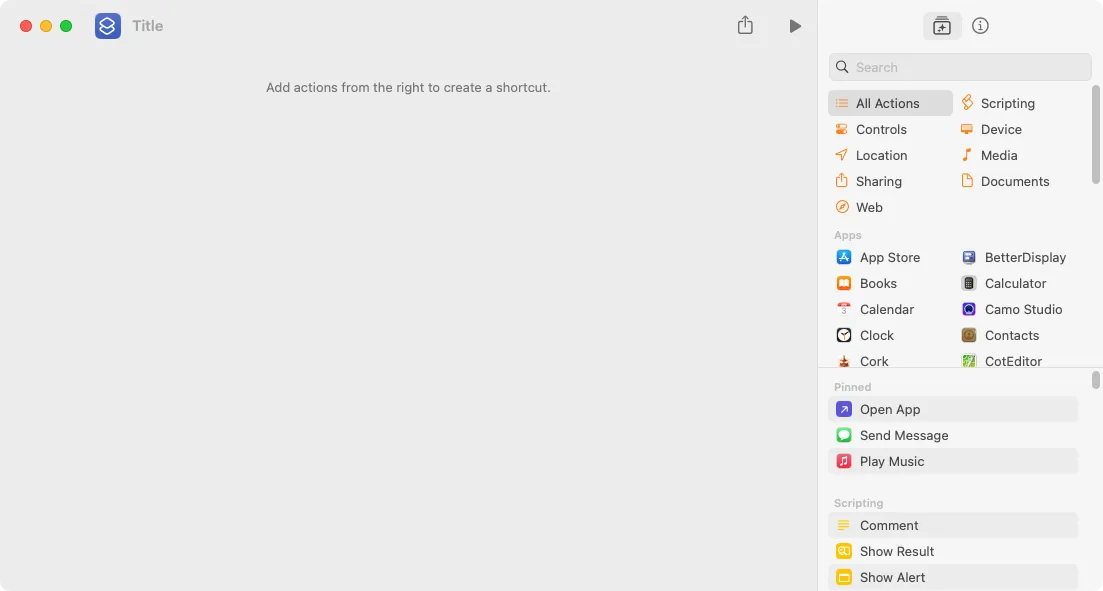 Giao diện ứng dụng Phím tắt (Shortcuts) trên macOS với cửa sổ tạo phím tắt mới, hiển thị các hành động khả dụng ở thanh bên phải.