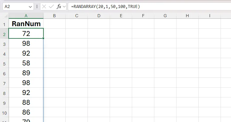 Hàm RANDARRAY trong một vùng không định dạng của bảng tính Excel trả về các số nguyên ngẫu nhiên giữa 50 và 100 trong các ô A2 đến A21