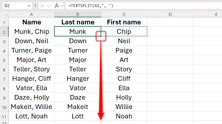 Hàm TEXTSPLIT trong Excel được sử dụng để tách họ và tên của mọi người thành các cột liền kề