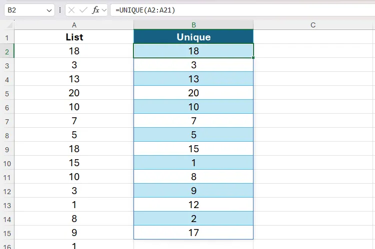Hàm UNIQUE của Excel đang hoạt động trong một dải ô đã được chuyển đổi từ bảng sang dải ô không định dạng