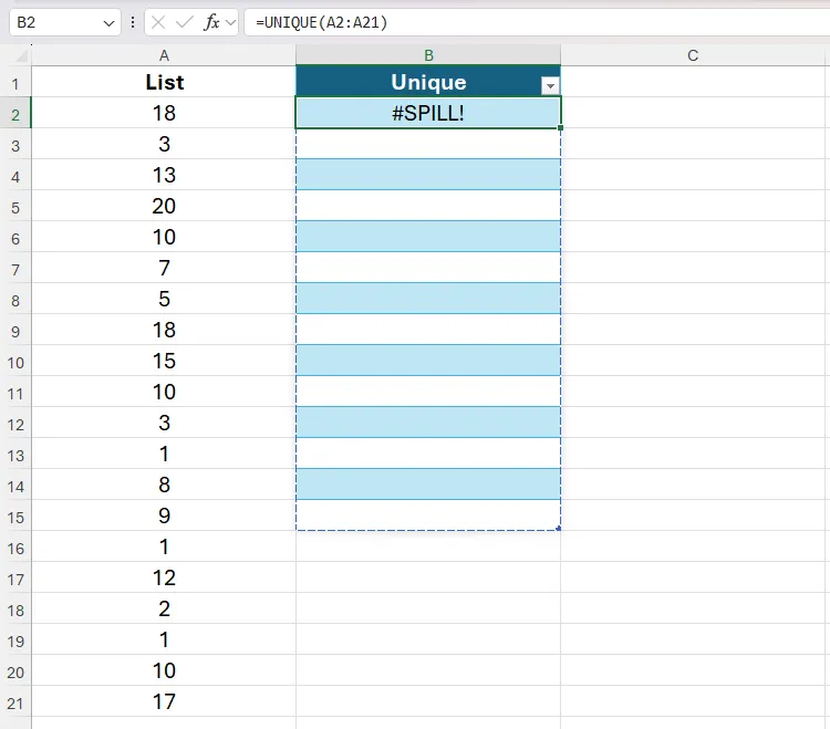 Hàm UNIQUE trả về lỗi SPILL trong bảng Microsoft Excel