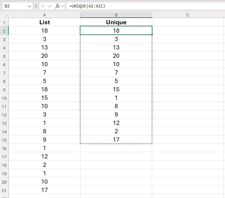 Hàm UNIQUE trong ô B2 của Excel được sử dụng để trích xuất các giá trị duy nhất từ các ô A2 đến A21