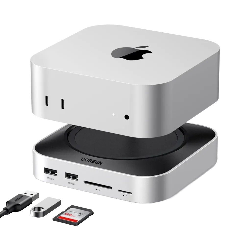 Hình ảnh UGREEN M4 Mac Mini Dock, nổi bật các cổng kết nối và thiết kế.