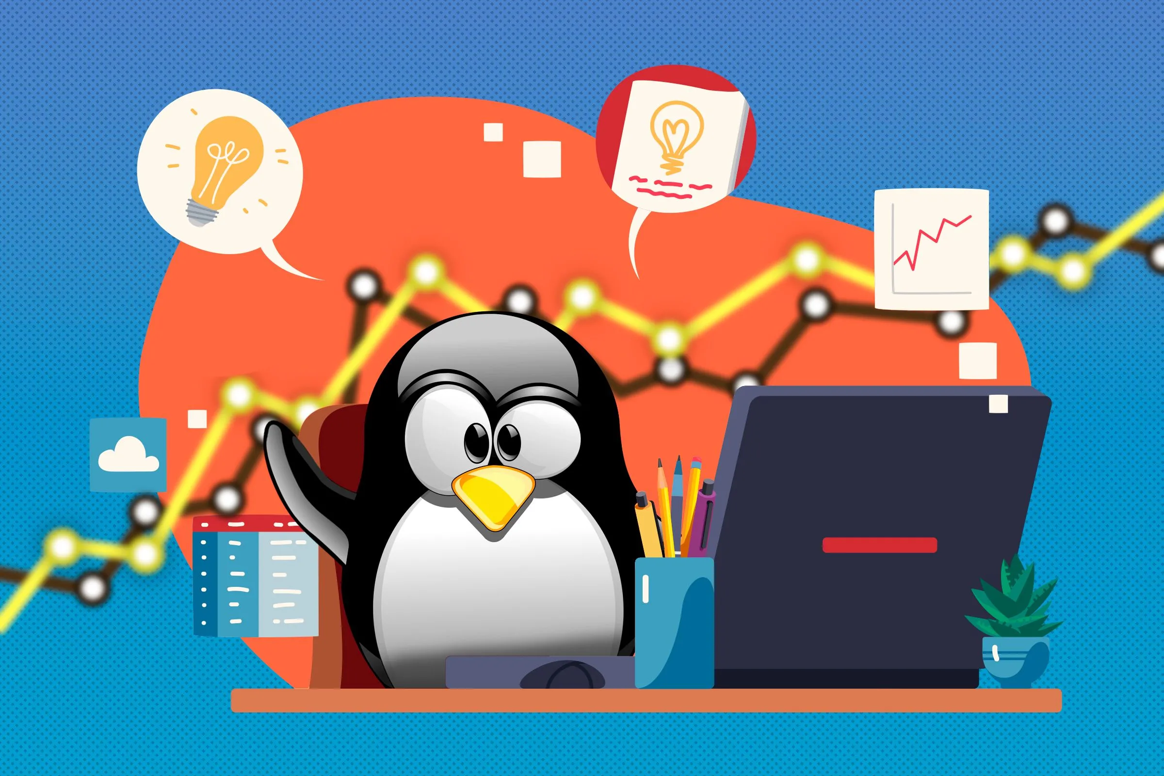 Hình minh họa linh vật Linux Tux ngồi tại bàn làm việc với các biểu tượng liên quan đến năng suất