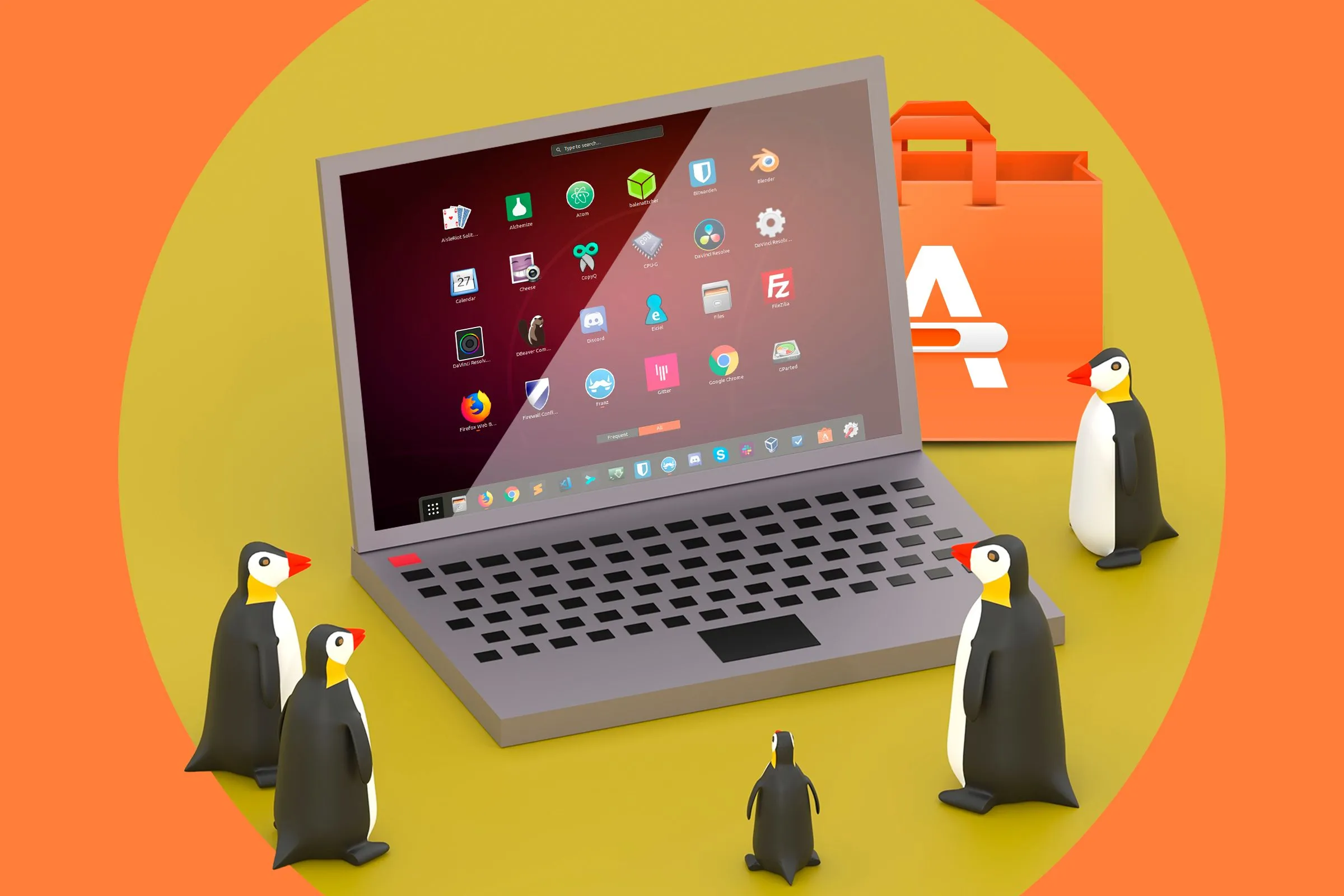 Hình minh họa máy tính xách tay chạy ứng dụng Linux và các chú chim cánh cụt Tux đang xem màn hình