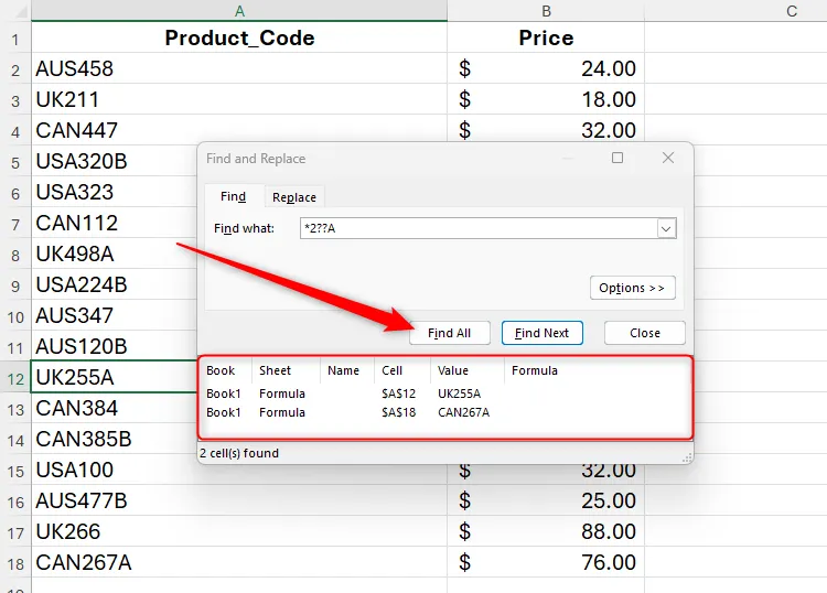 Hộp thoại Find and Replace trong Excel với ký tự đại diện *2??A được dùng để tìm các mã sản phẩm gia dụng.