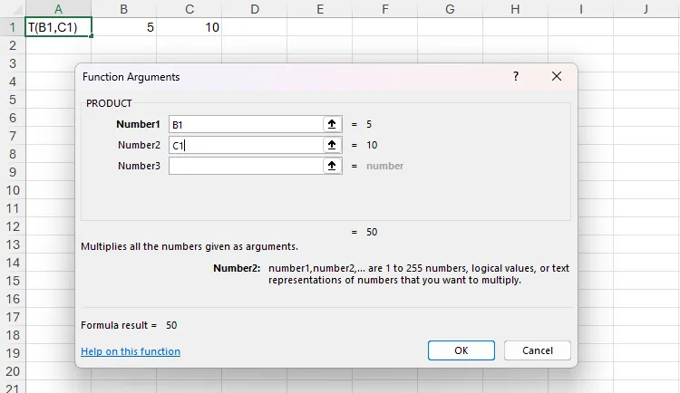 Hộp thoại Function Arguments của Excel hiển thị hàm PRODUCT đang được dùng để nhân giá trị trong ô B1 và C1, hỗ trợ người dùng không cần nhớ cú pháp phức tạp.