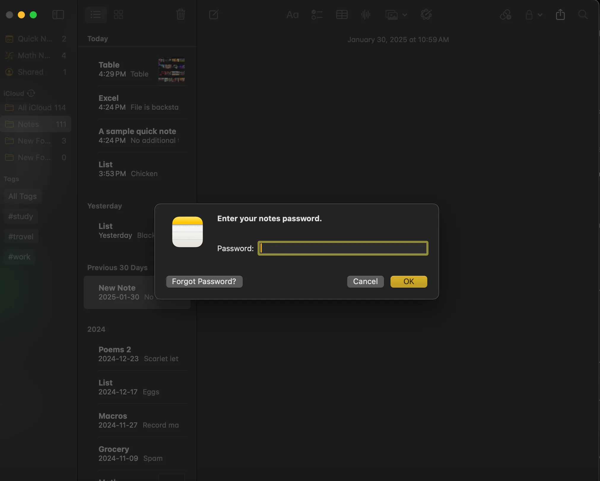 Hộp thoại khóa ghi chú bằng mật khẩu bảo vệ trên ứng dụng Apple Notes