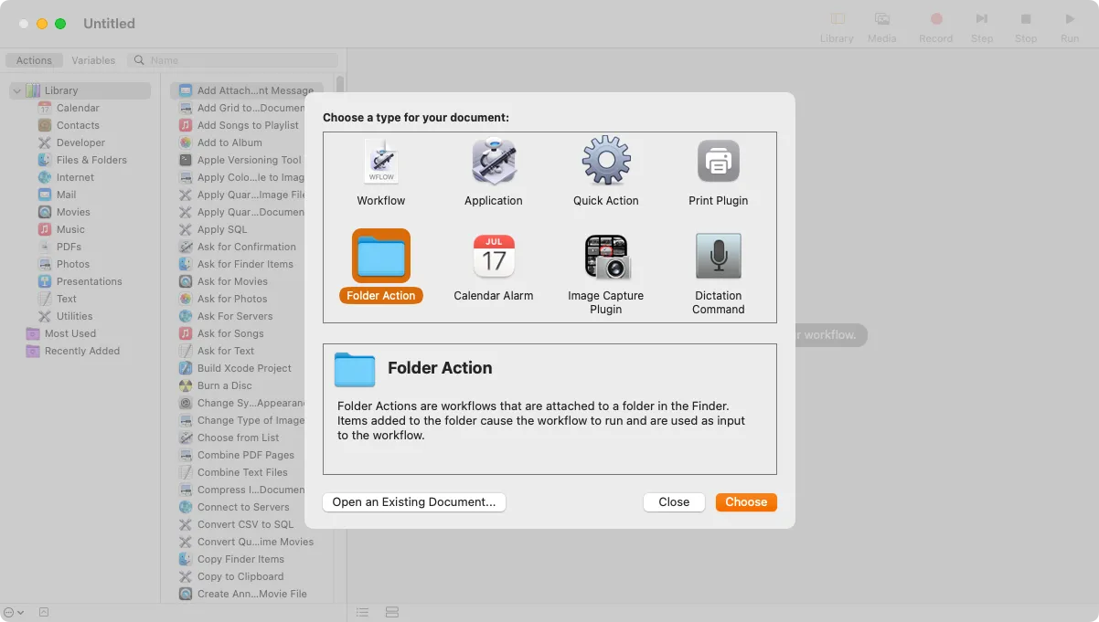 Hộp thoại lựa chọn loại tài liệu mới trong Automator trên macOS, bao gồm các tùy chọn như Workflow, Application và Quick Action.