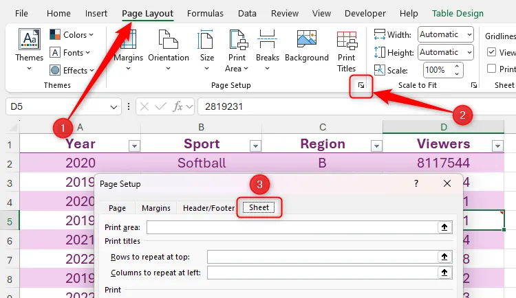 Hộp thoại Page Setup trong Microsoft Excel
