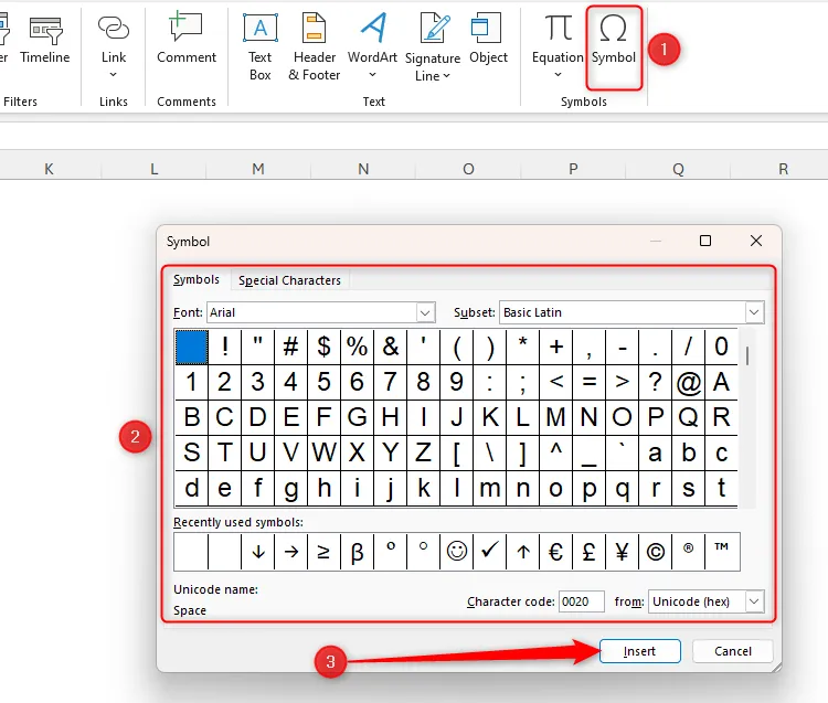 Hộp thoại Symbol trong Microsoft Excel, cho phép chèn các ký hiệu đặc biệt vào bảng tính