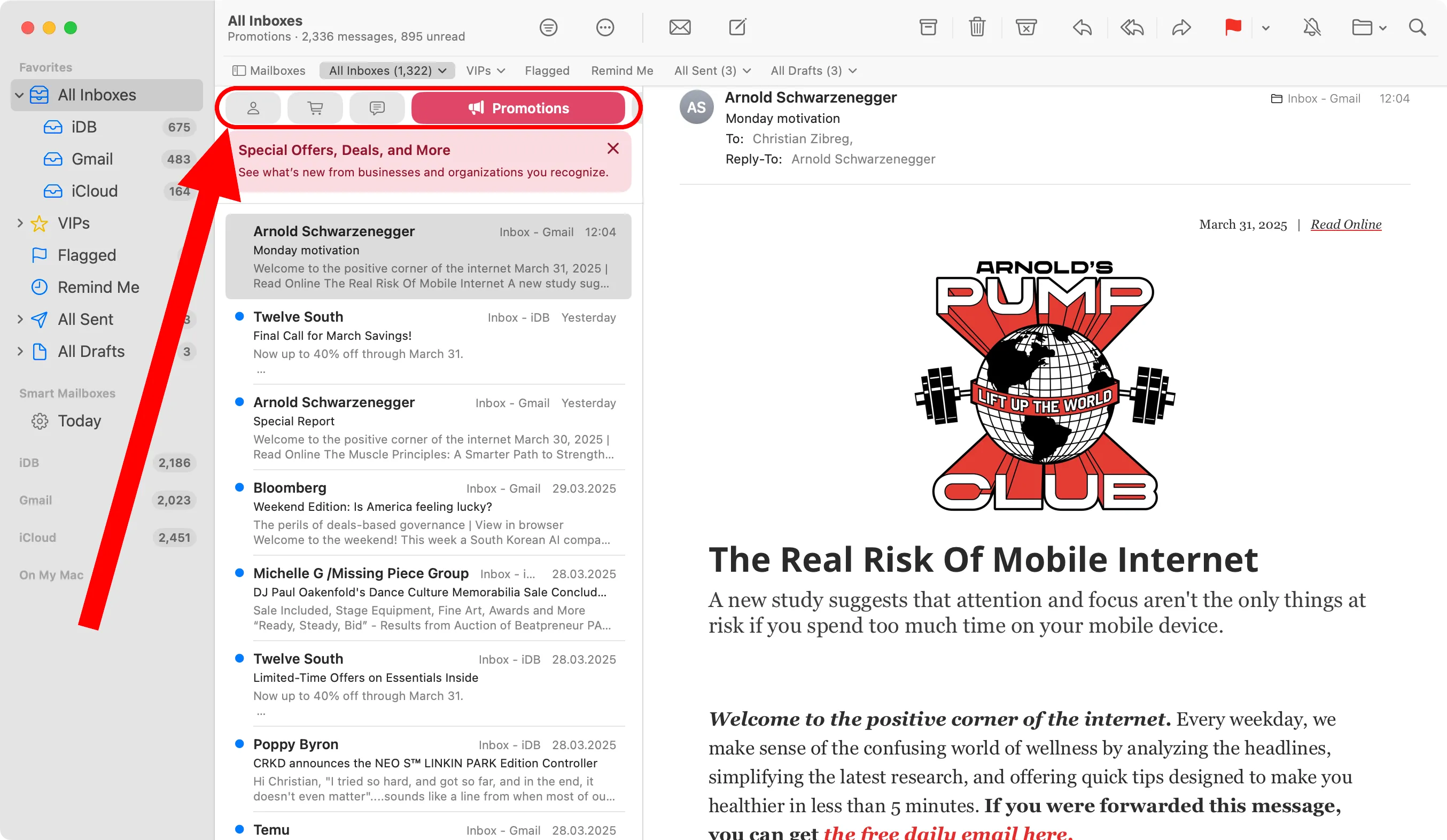 Hộp thư đến của ứng dụng Mail trên macOS Sequoia 15.4 với danh mục Khuyến mãi được chọn