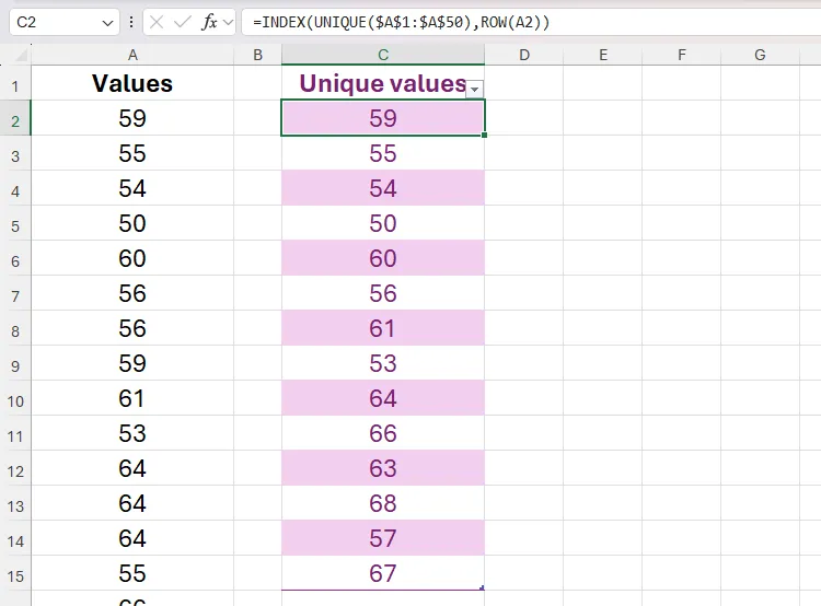 INDEX, UNIQUE, và ROW được sử dụng để trả về các số duy nhất từ một dải ô trong bảng Excel