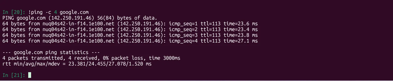 IPython thực thi lệnh ping hệ thống bên ngoài tới google.com và hiển thị kết quả trả về