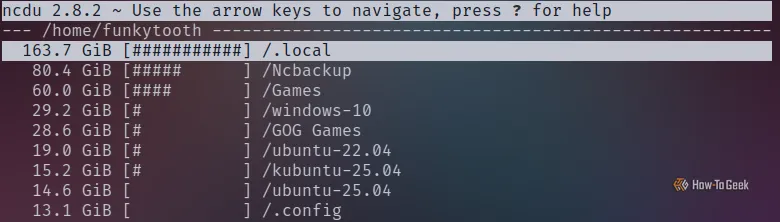 Kết quả quét ncdu trên terminal Linux, hiển thị các thư mục lớn chứa dữ liệu game và các thư mục ẩn cục bộ, cho thấy chúng là những 'kẻ ngốn' dung lượng.
