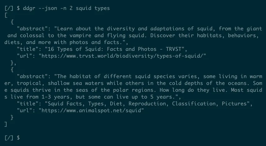 Kết quả tìm kiếm định dạng JSON từ ddgr, một mảng các đối tượng mỗi đối tượng chứa abstract, title và url