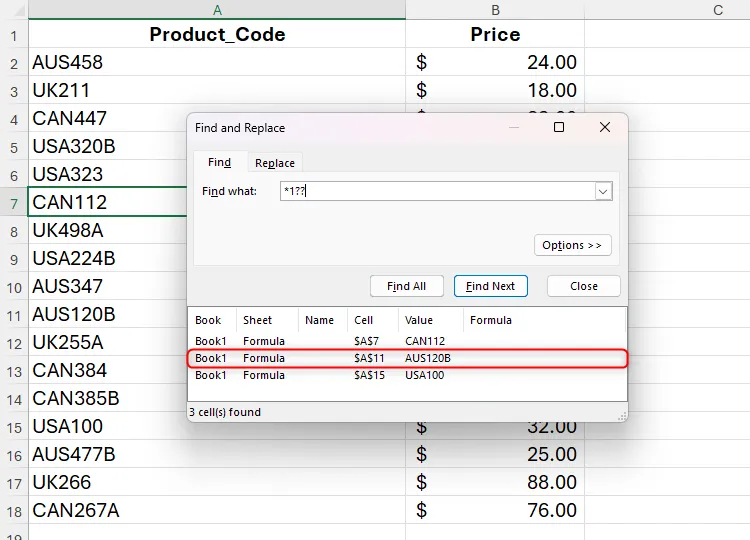 Kết quả tìm kiếm trong Excel trả về mã sản phẩm không mong muốn, nhấn mạnh cần điều chỉnh tiêu chí tìm kiếm.