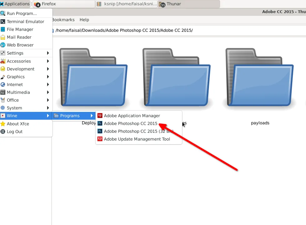 Khởi chạy Adobe Photoshop CC 2015 từ menu ứng dụng Linux sau khi cài đặt qua Wine.